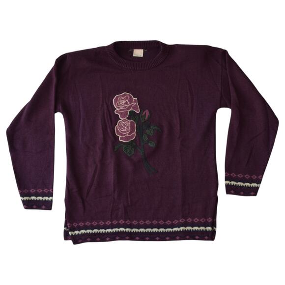 Vintage Sweaters - Vintage Purple Rose Sweater Acrylic Knit by Mary's – 80s Floral Pullover Jumper